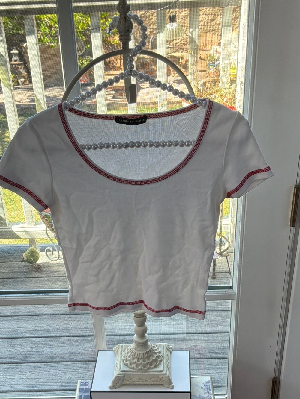 Brandy Melville White Scoop Neck Crop Top with Red Trim